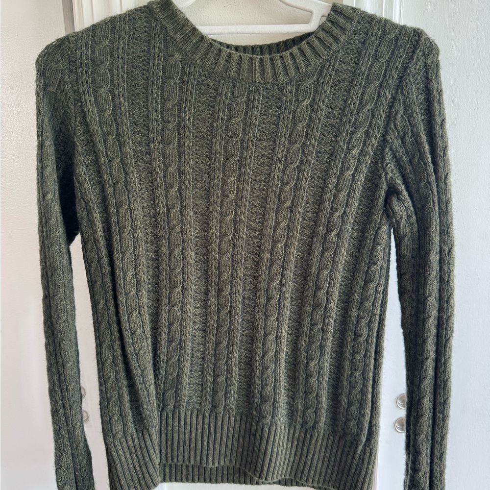 J. Crew Green Cable Knit Crew Neck Sweater